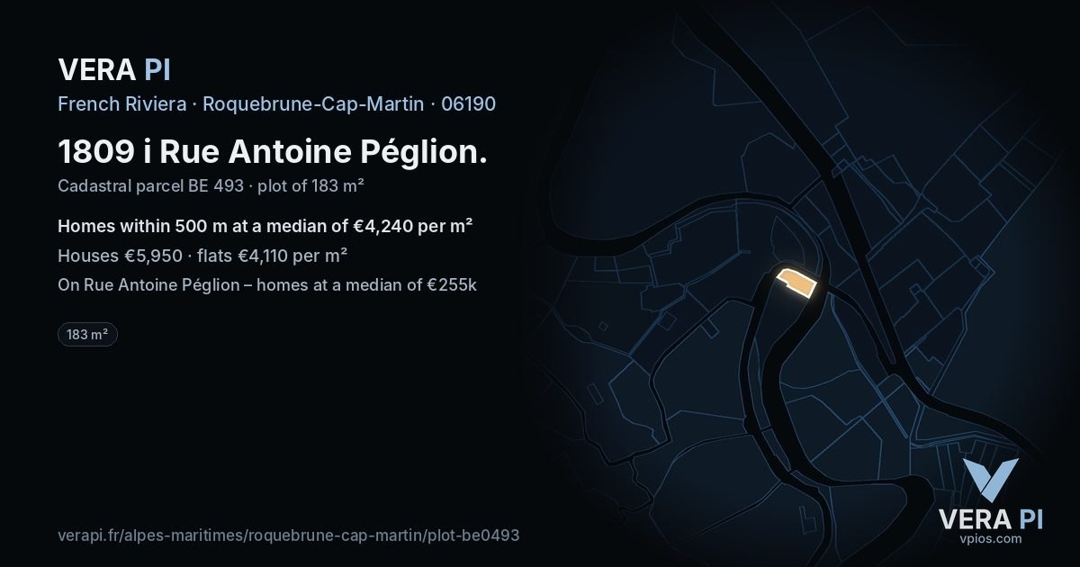 1809 i Rue Antoine Péglion, Roquebrune-Cap-Martin at night – the plot lit, the parcels around coloured by the prices near them