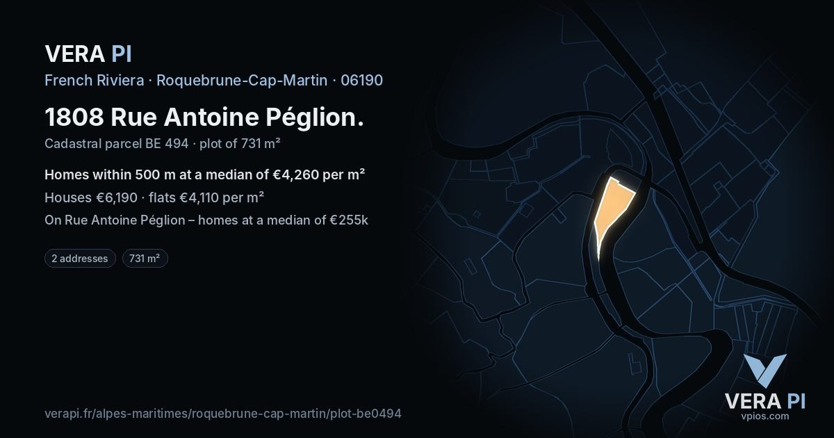 1808 Rue Antoine Péglion, Roquebrune-Cap-Martin at night – the plot lit, the parcels around coloured by the prices near them