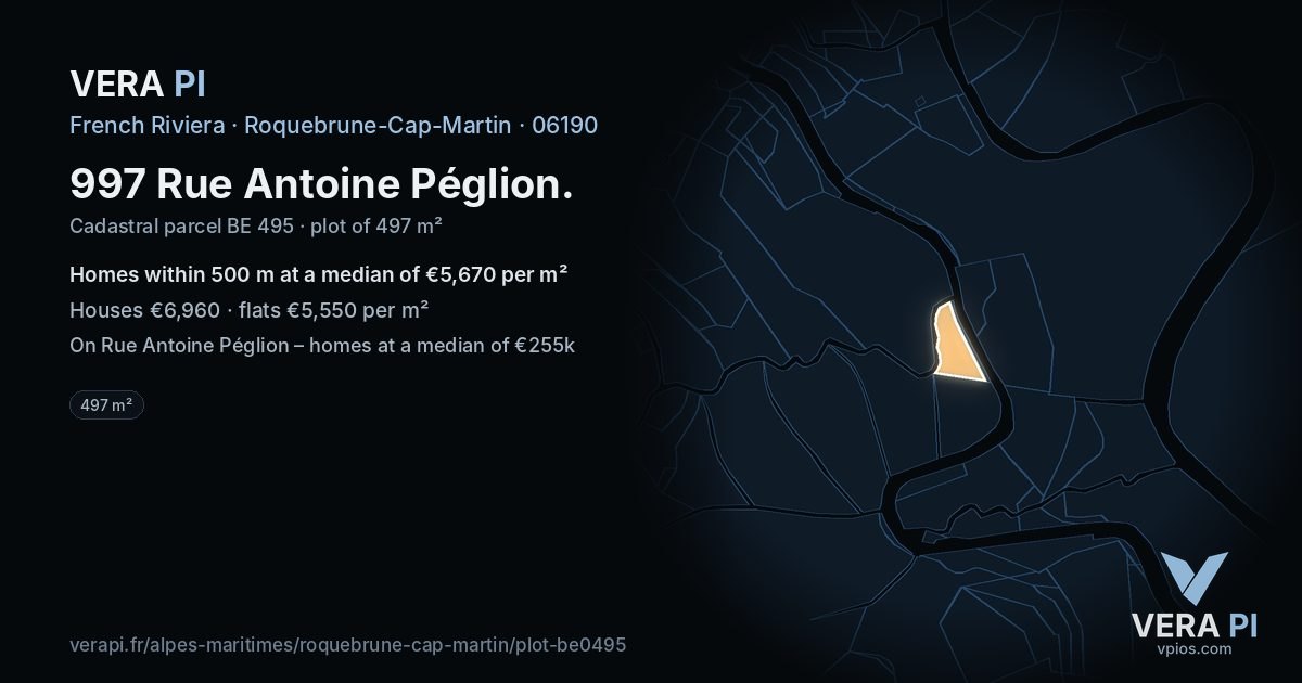 997 Rue Antoine Péglion, Roquebrune-Cap-Martin at night – the plot lit, the parcels around coloured by the prices near them