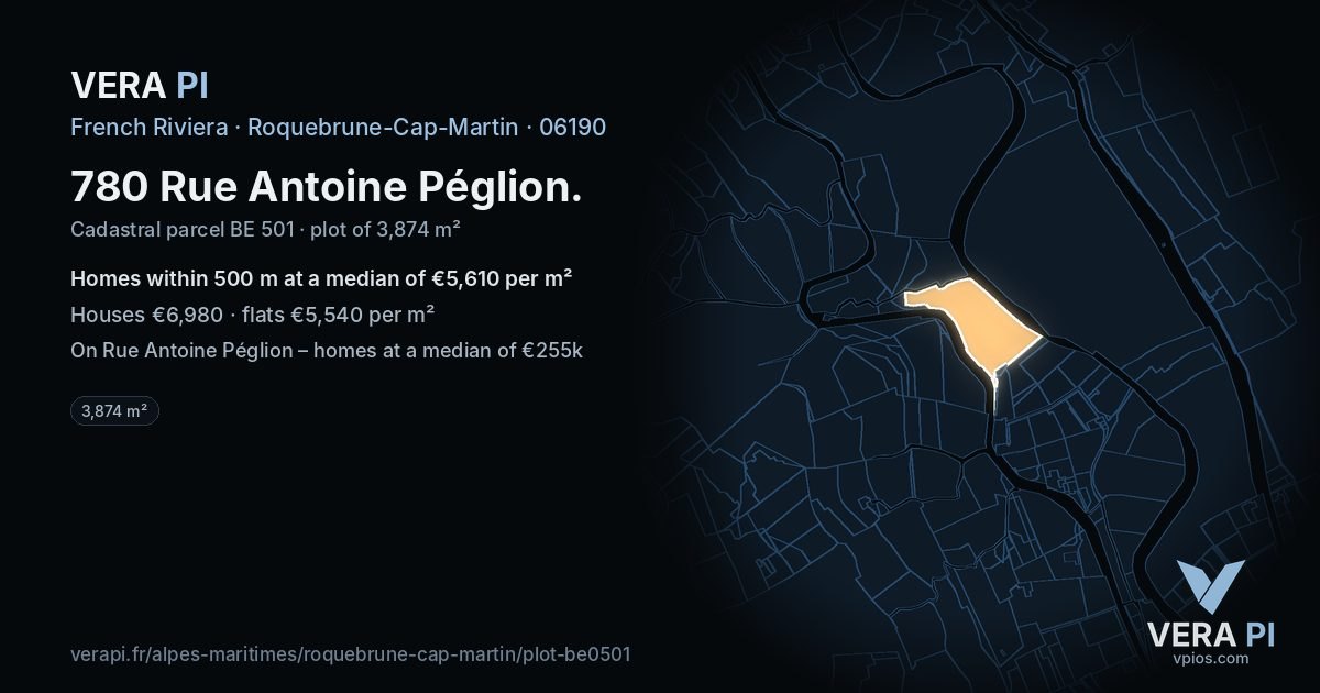 780 Rue Antoine Péglion, Roquebrune-Cap-Martin at night – the plot lit, the parcels around coloured by the prices near them
