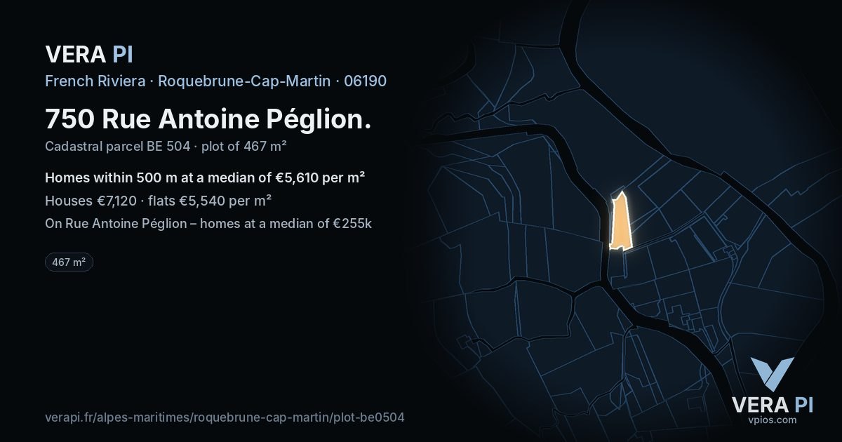 750 Rue Antoine Péglion, Roquebrune-Cap-Martin at night – the plot lit, the parcels around coloured by the prices near them