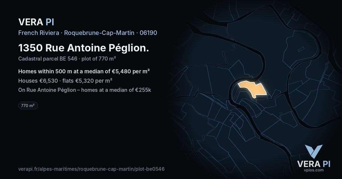 1350 Rue Antoine Péglion, Roquebrune-Cap-Martin at night – the plot lit, the parcels around coloured by the prices near them