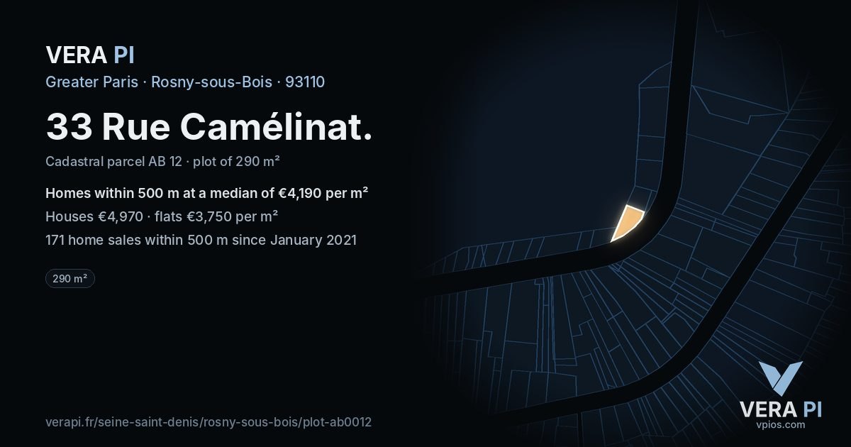 33 Rue Camélinat, Rosny-sous-Bois at night – the plot lit, the parcels around coloured by the prices near them