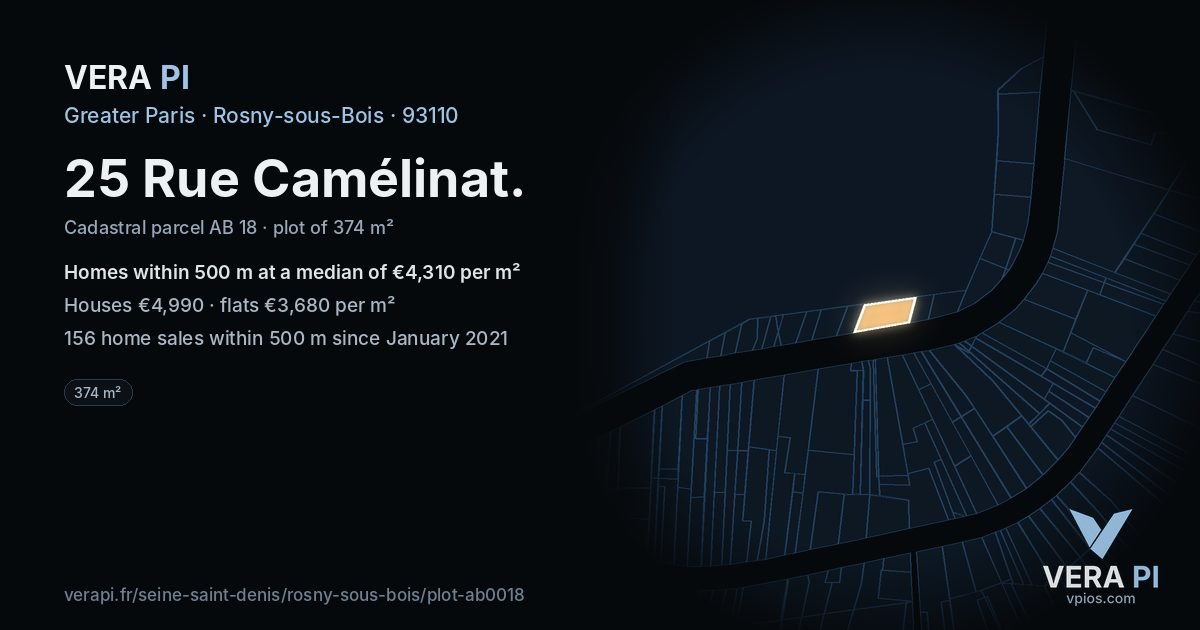 25 Rue Camélinat, Rosny-sous-Bois at night – the plot lit, the parcels around coloured by the prices near them