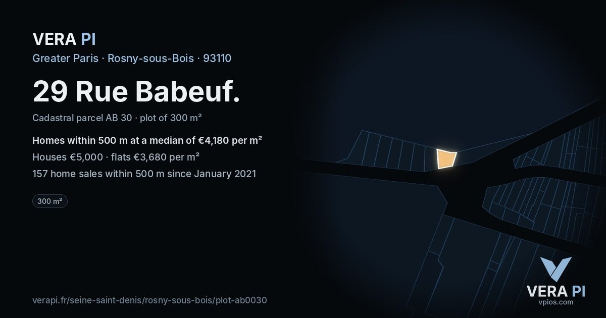 29 Rue Babeuf, Rosny-sous-Bois at night – the plot lit, the parcels around coloured by the prices near them