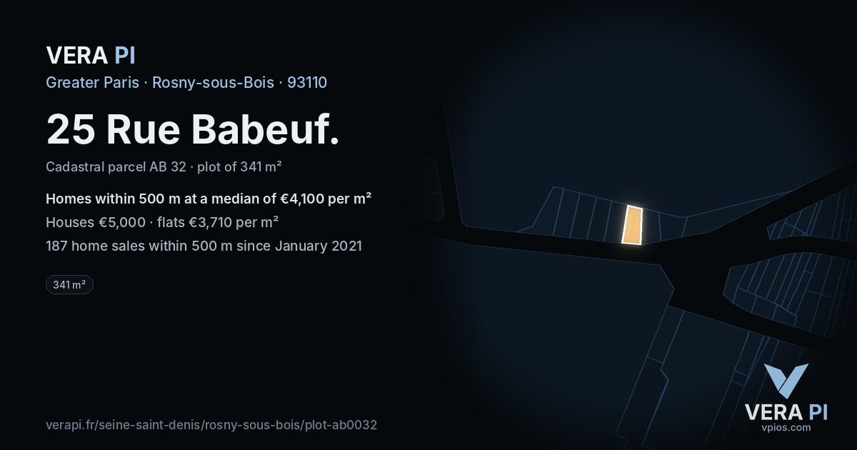 25 Rue Babeuf, Rosny-sous-Bois at night – the plot lit, the parcels around coloured by the prices near them