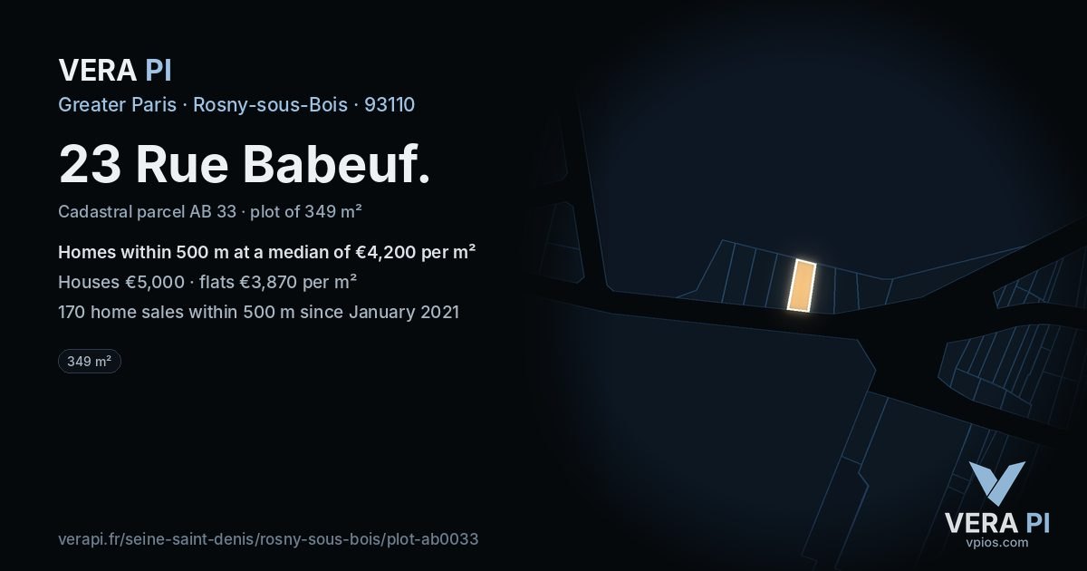 23 Rue Babeuf, Rosny-sous-Bois at night – the plot lit, the parcels around coloured by the prices near them