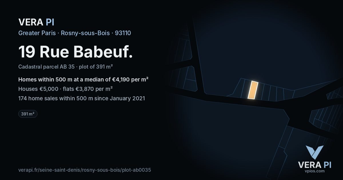 19 Rue Babeuf, Rosny-sous-Bois at night – the plot lit, the parcels around coloured by the prices near them