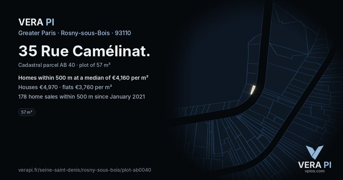 35 Rue Camélinat, Rosny-sous-Bois at night – the plot lit, the parcels around coloured by the prices near them