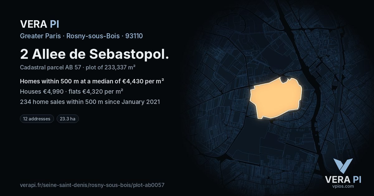 2 Allee de Sebastopol, Rosny-sous-Bois at night – the plot lit, the parcels around coloured by the prices near them