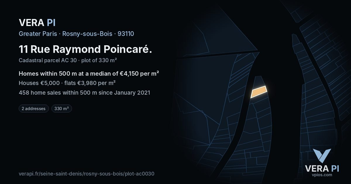 11 Rue Raymond Poincaré, Rosny-sous-Bois at night – the plot lit, the parcels around coloured by the prices near them