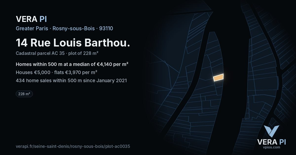 14 Rue Louis Barthou, Rosny-sous-Bois at night – the plot lit, the parcels around coloured by the prices near them