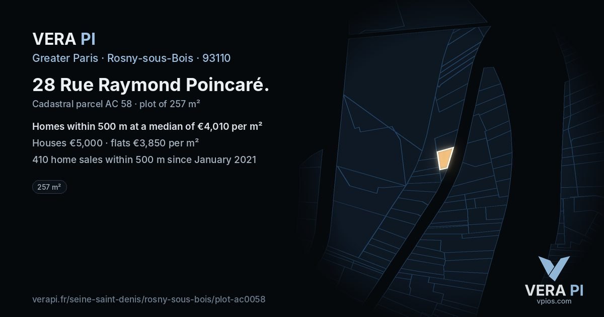 28 Rue Raymond Poincaré, Rosny-sous-Bois at night – the plot lit, the parcels around coloured by the prices near them