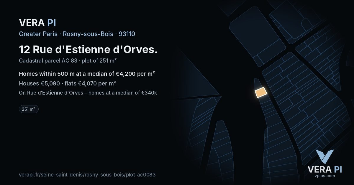 12 Rue d'Estienne d'Orves, Rosny-sous-Bois at night – the plot lit, the parcels around coloured by the prices near them
