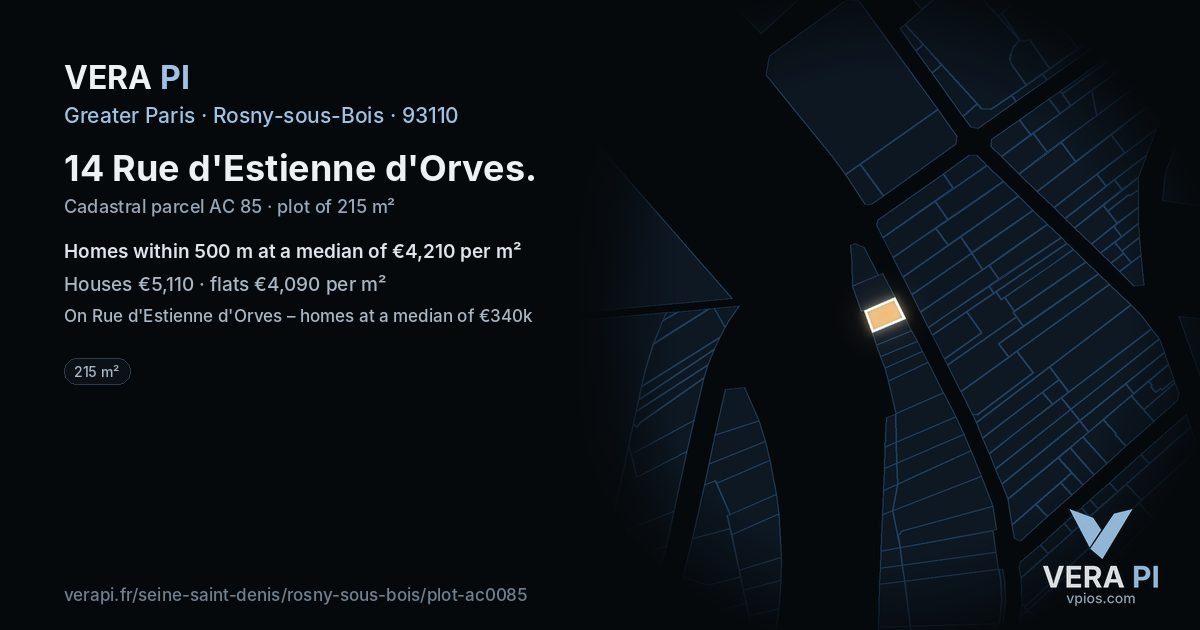 14 Rue d'Estienne d'Orves, Rosny-sous-Bois at night – the plot lit, the parcels around coloured by the prices near them