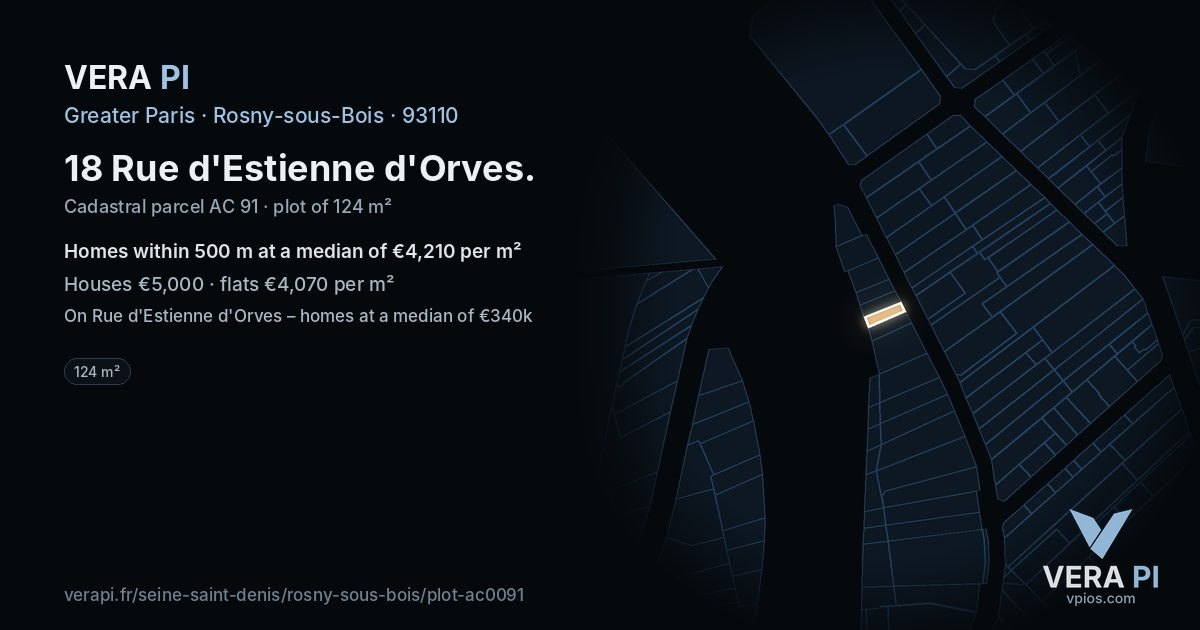18 Rue d'Estienne d'Orves, Rosny-sous-Bois at night – the plot lit, the parcels around coloured by the prices near them