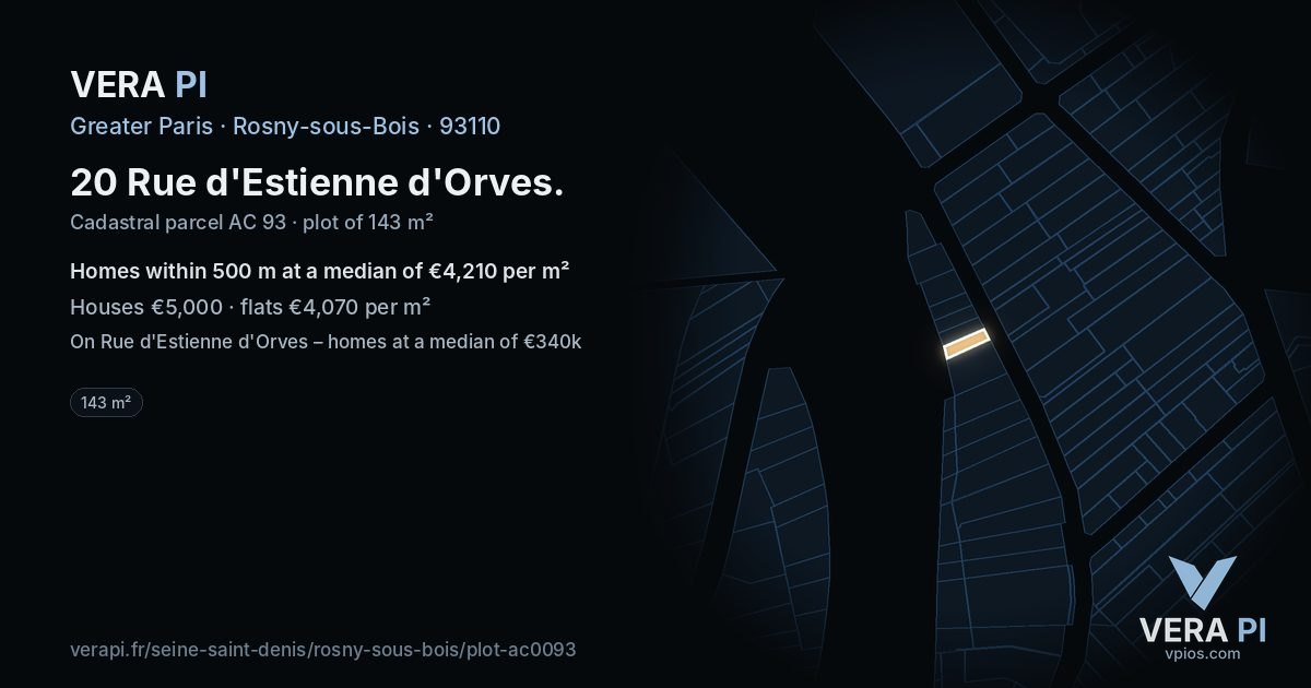 20 Rue d'Estienne d'Orves, Rosny-sous-Bois at night – the plot lit, the parcels around coloured by the prices near them
