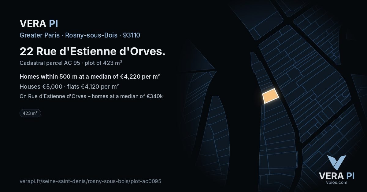 22 Rue d'Estienne d'Orves, Rosny-sous-Bois at night – the plot lit, the parcels around coloured by the prices near them