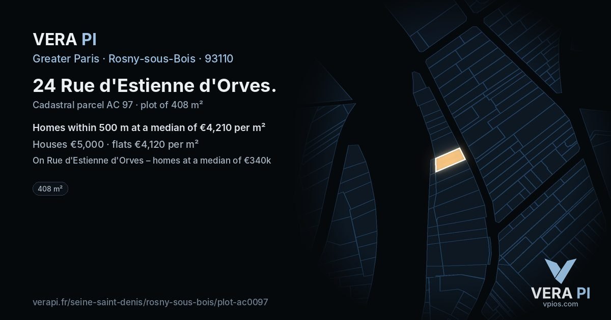 24 Rue d'Estienne d'Orves, Rosny-sous-Bois at night – the plot lit, the parcels around coloured by the prices near them