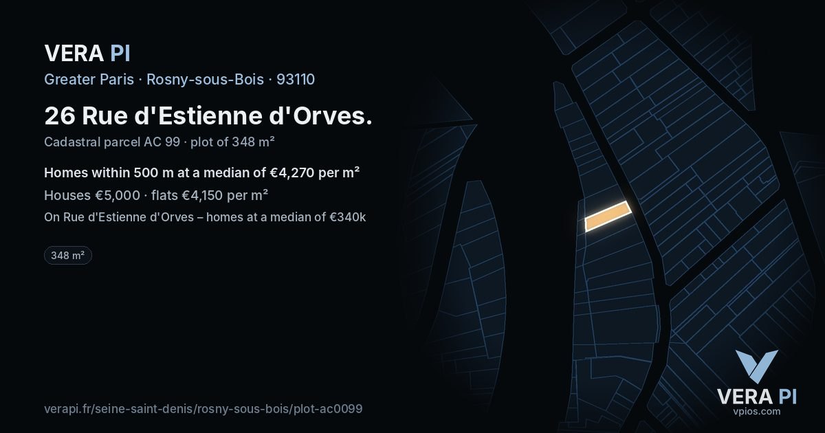 26 Rue d'Estienne d'Orves, Rosny-sous-Bois at night – the plot lit, the parcels around coloured by the prices near them