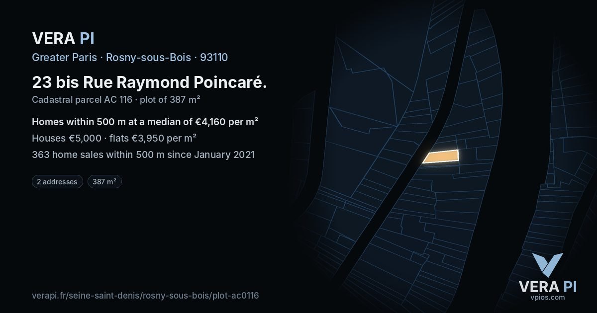 23 bis Rue Raymond Poincaré, Rosny-sous-Bois at night – the plot lit, the parcels around coloured by the prices near them