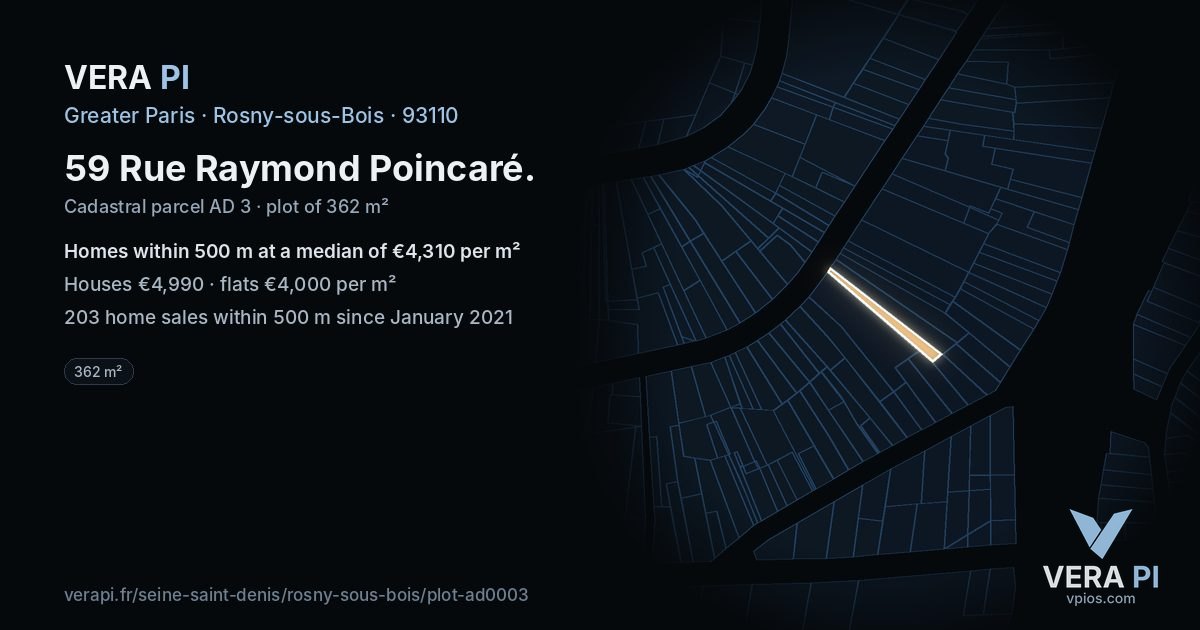 59 Rue Raymond Poincaré, Rosny-sous-Bois at night – the plot lit, the parcels around coloured by the prices near them