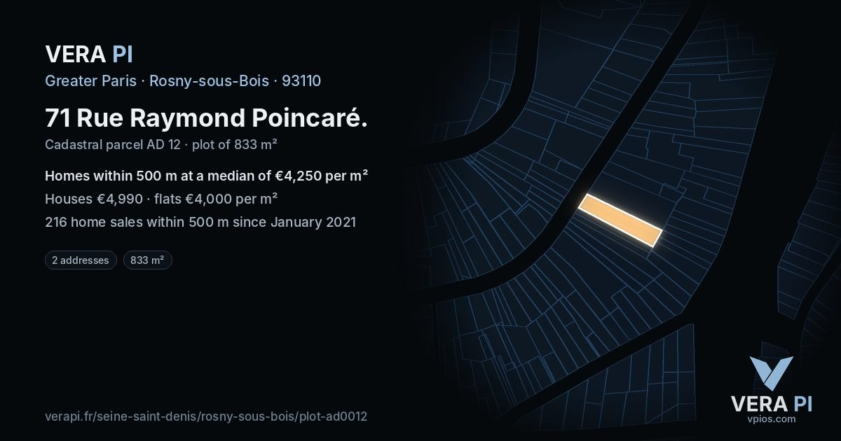 71 Rue Raymond Poincaré, Rosny-sous-Bois at night – the plot lit, the parcels around coloured by the prices near them