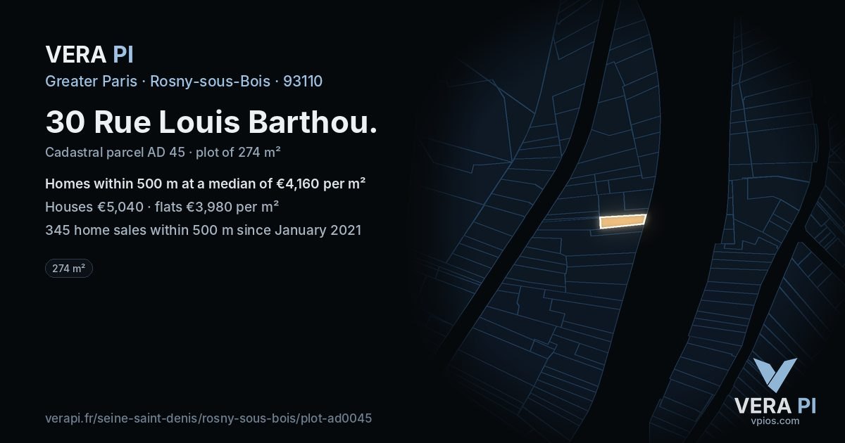 30 Rue Louis Barthou, Rosny-sous-Bois at night – the plot lit, the parcels around coloured by the prices near them