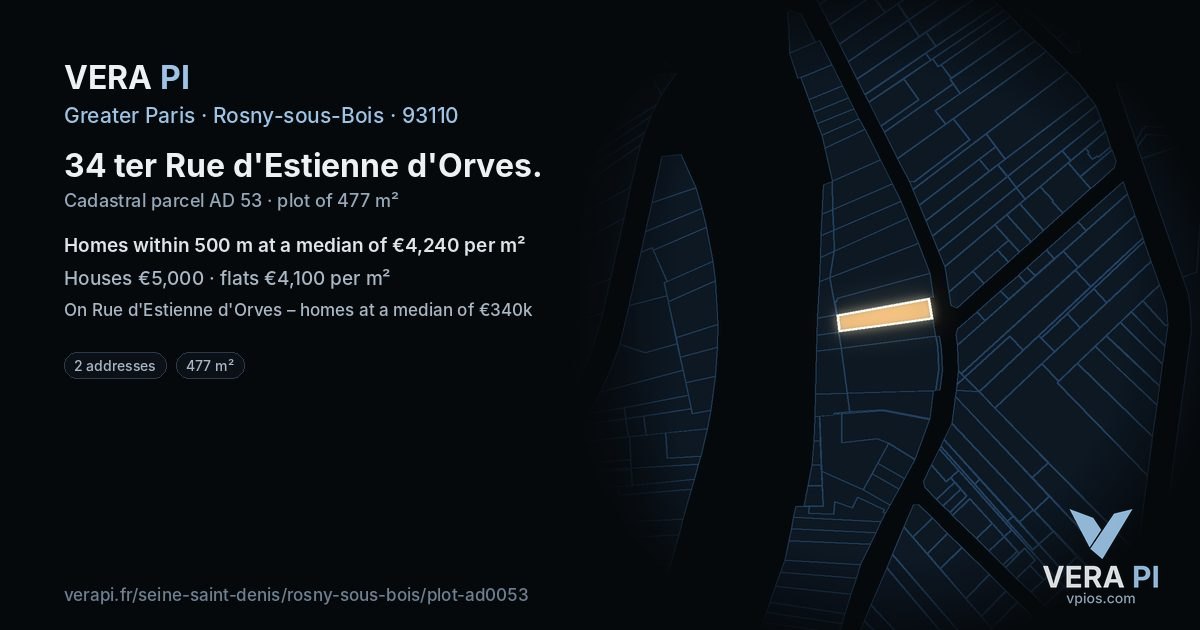 34 ter Rue d'Estienne d'Orves, Rosny-sous-Bois at night – the plot lit, the parcels around coloured by the prices near them