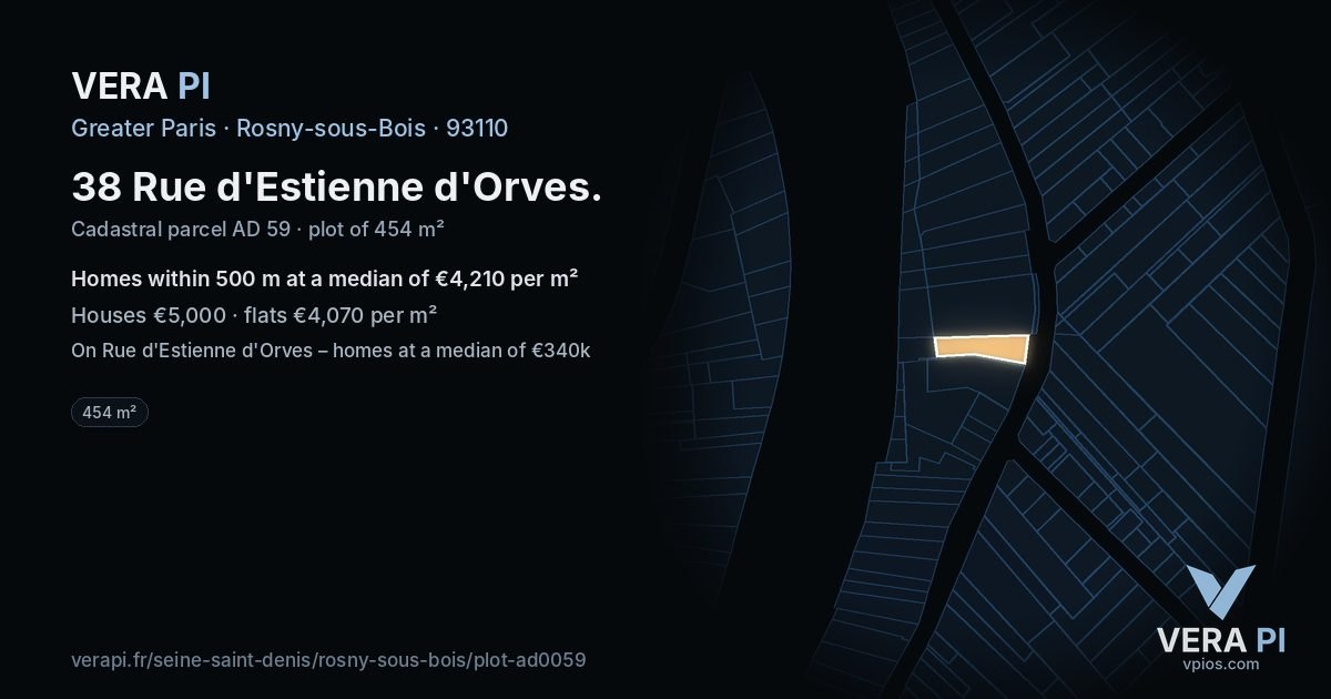 38 Rue d'Estienne d'Orves, Rosny-sous-Bois at night – the plot lit, the parcels around coloured by the prices near them