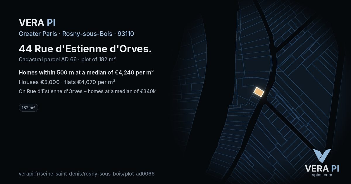 44 Rue d'Estienne d'Orves, Rosny-sous-Bois at night – the plot lit, the parcels around coloured by the prices near them