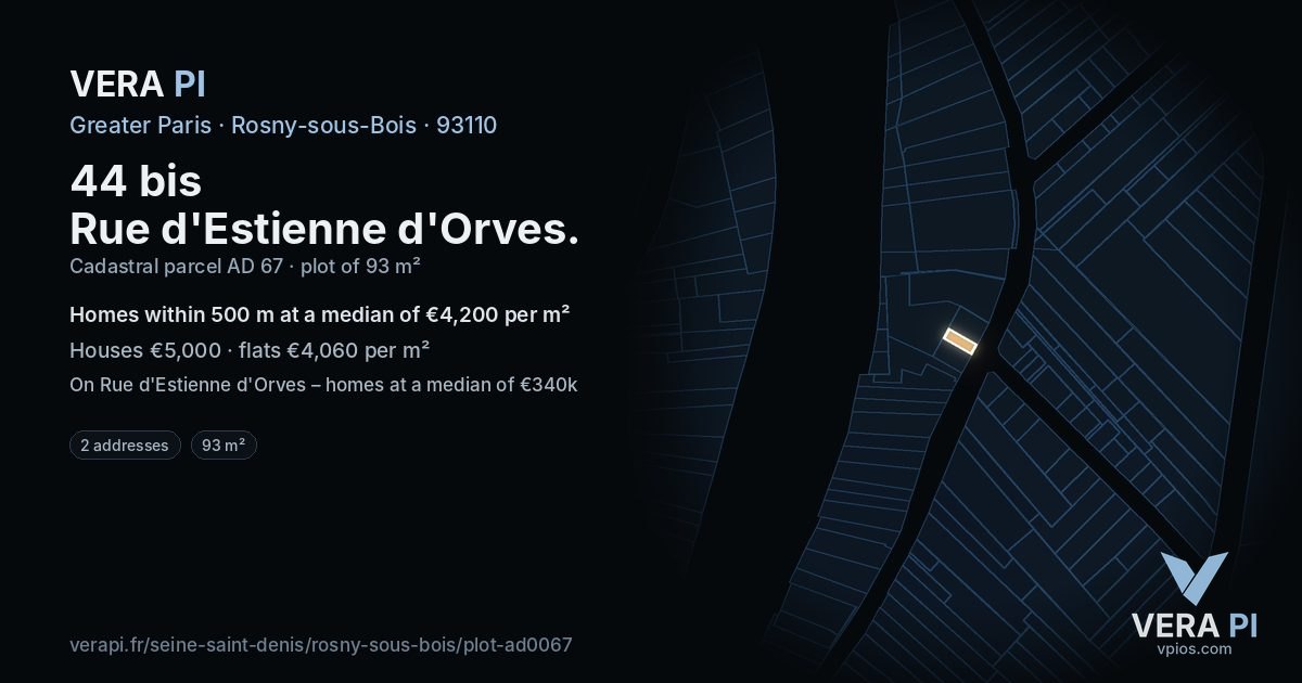 44 bis Rue d'Estienne d'Orves, Rosny-sous-Bois at night – the plot lit, the parcels around coloured by the prices near them