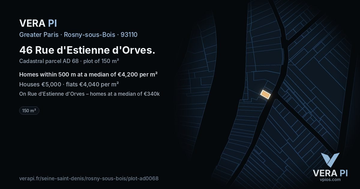 46 Rue d'Estienne d'Orves, Rosny-sous-Bois at night – the plot lit, the parcels around coloured by the prices near them