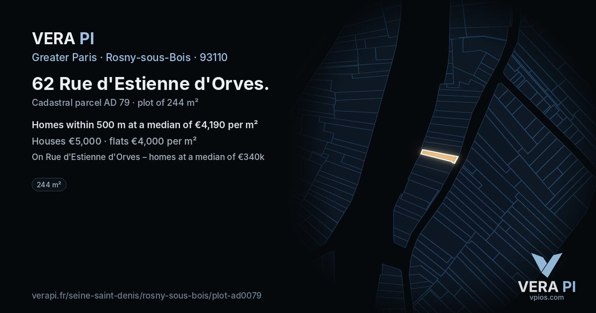62 Rue d'Estienne d'Orves, Rosny-sous-Bois at night – the plot lit, the parcels around coloured by the prices near them