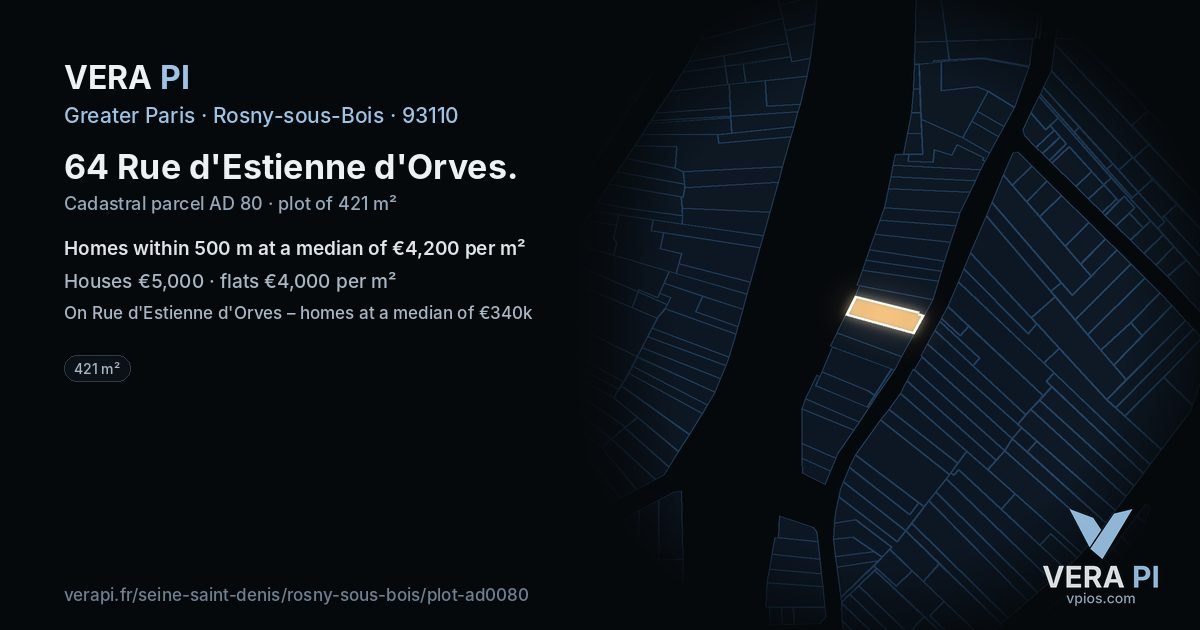 64 Rue d'Estienne d'Orves, Rosny-sous-Bois at night – the plot lit, the parcels around coloured by the prices near them