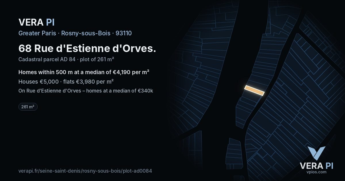 68 Rue d'Estienne d'Orves, Rosny-sous-Bois at night – the plot lit, the parcels around coloured by the prices near them