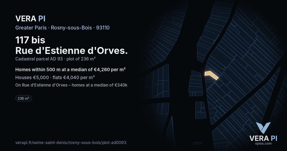 117 bis Rue d'Estienne d'Orves, Rosny-sous-Bois at night – the plot lit, the parcels around coloured by the prices near them