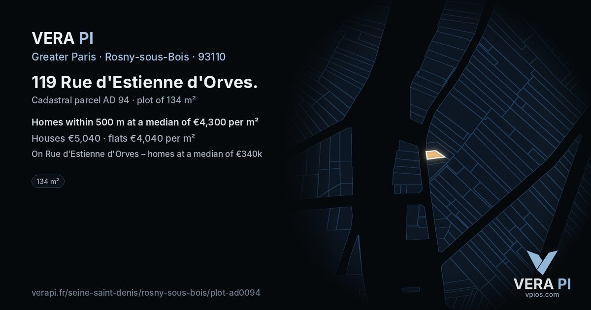 119 Rue d'Estienne d'Orves, Rosny-sous-Bois at night – the plot lit, the parcels around coloured by the prices near them