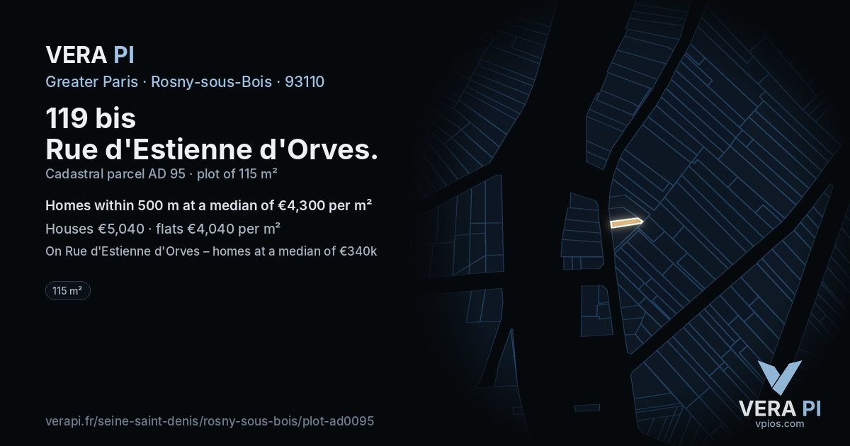 119 bis Rue d'Estienne d'Orves, Rosny-sous-Bois at night – the plot lit, the parcels around coloured by the prices near them