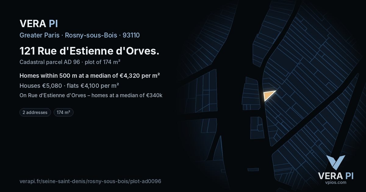 121 Rue d'Estienne d'Orves, Rosny-sous-Bois at night – the plot lit, the parcels around coloured by the prices near them