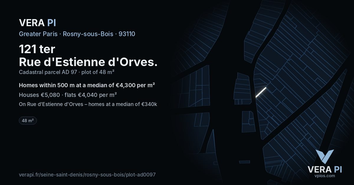 121 ter Rue d'Estienne d'Orves, Rosny-sous-Bois at night – the plot lit, the parcels around coloured by the prices near them