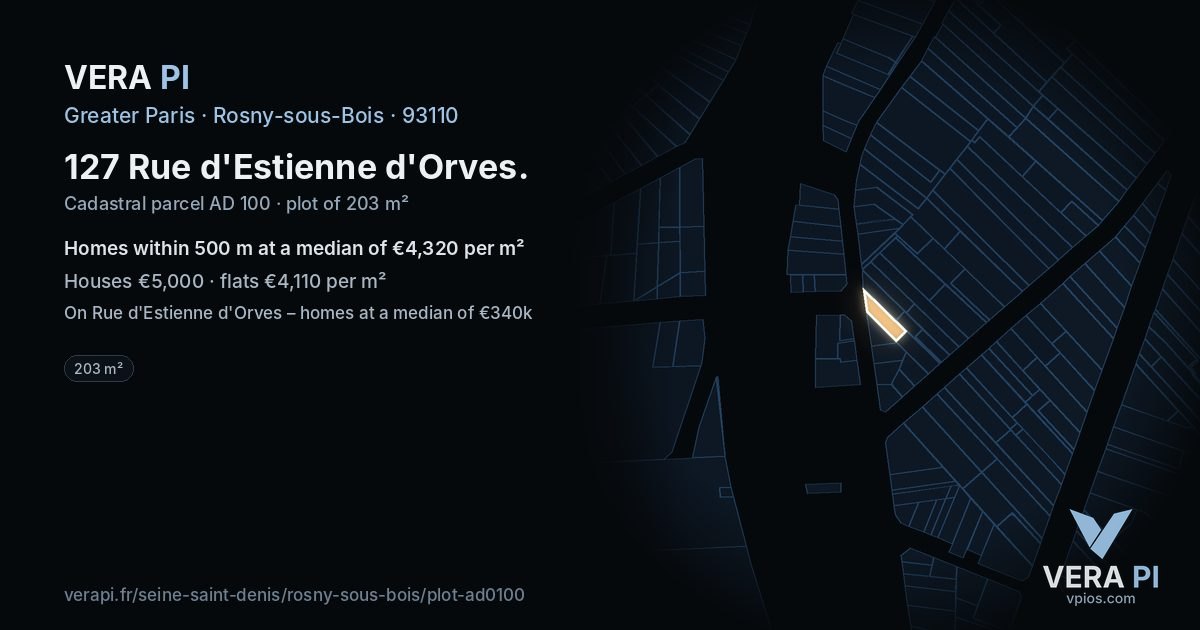 127 Rue d'Estienne d'Orves, Rosny-sous-Bois at night – the plot lit, the parcels around coloured by the prices near them