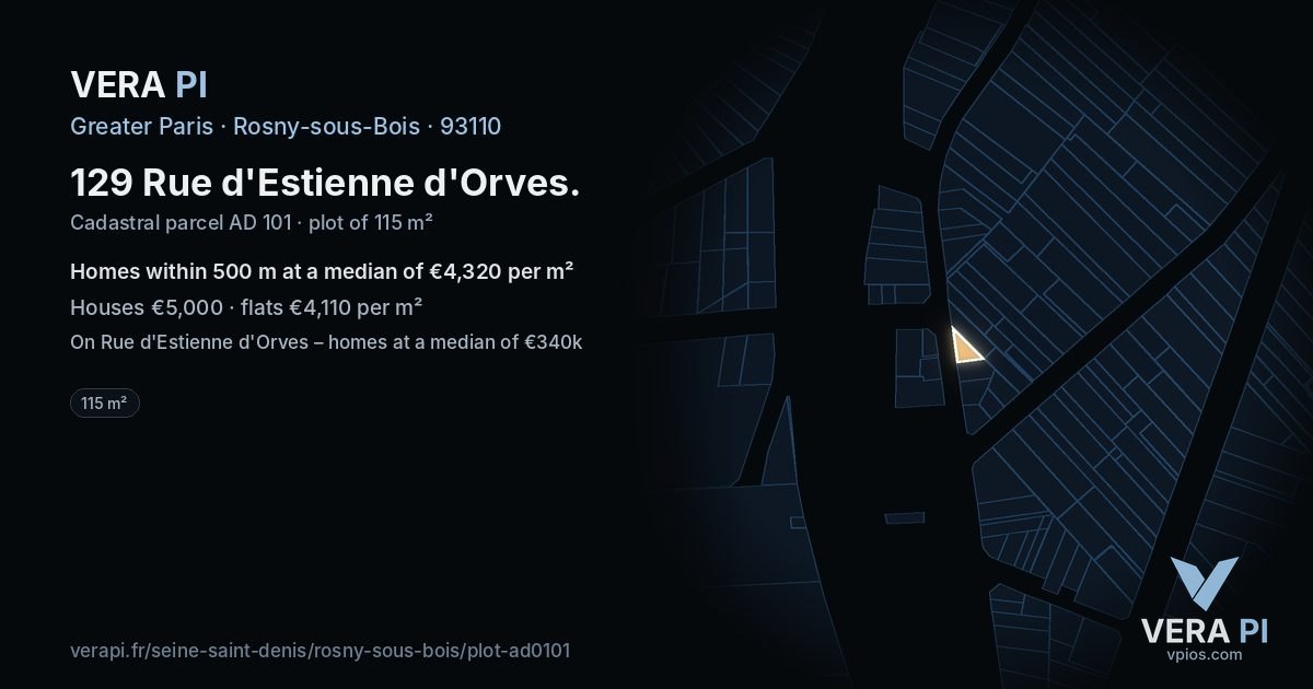 129 Rue d'Estienne d'Orves, Rosny-sous-Bois at night – the plot lit, the parcels around coloured by the prices near them