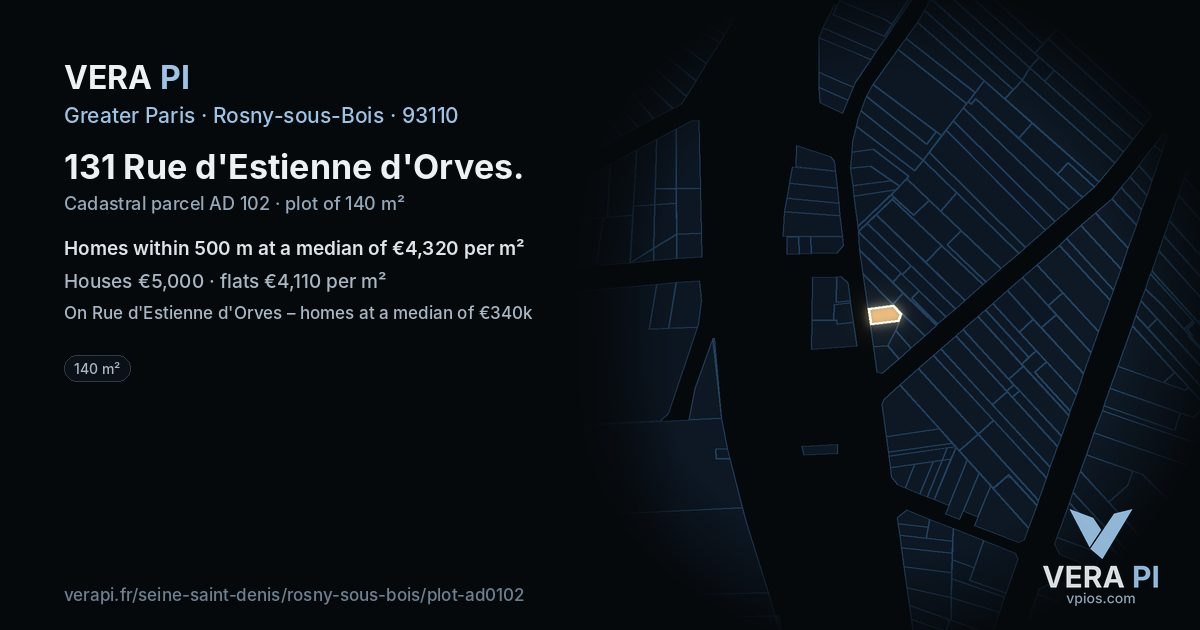 131 Rue d'Estienne d'Orves, Rosny-sous-Bois at night – the plot lit, the parcels around coloured by the prices near them