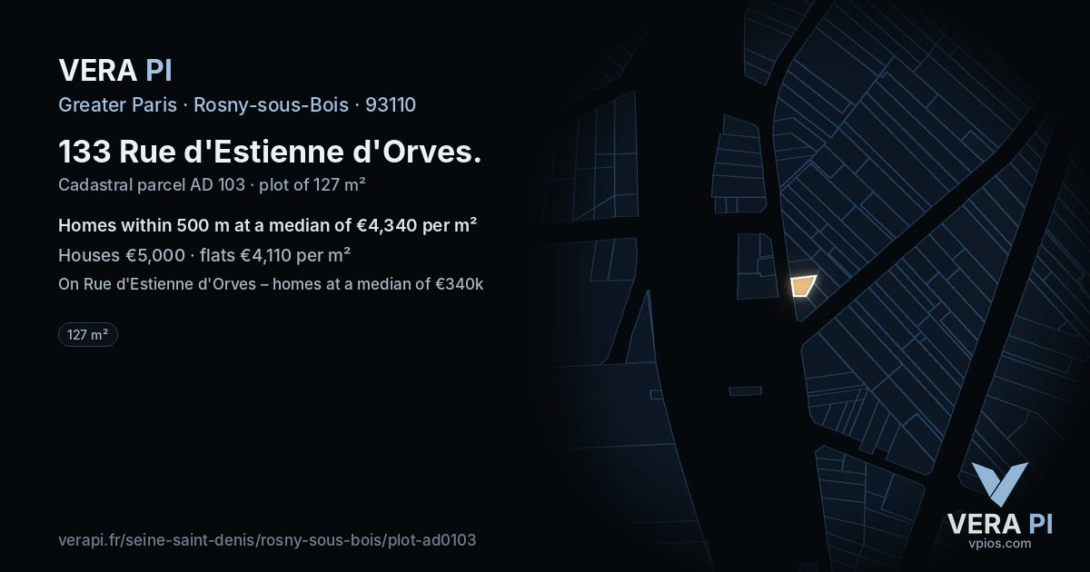 133 Rue d'Estienne d'Orves, Rosny-sous-Bois at night – the plot lit, the parcels around coloured by the prices near them