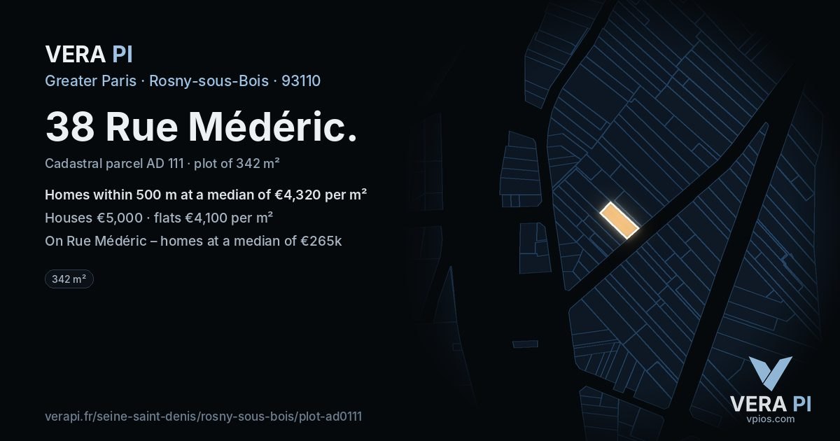 38 Rue Médéric, Rosny-sous-Bois at night – the plot lit, the parcels around coloured by the prices near them