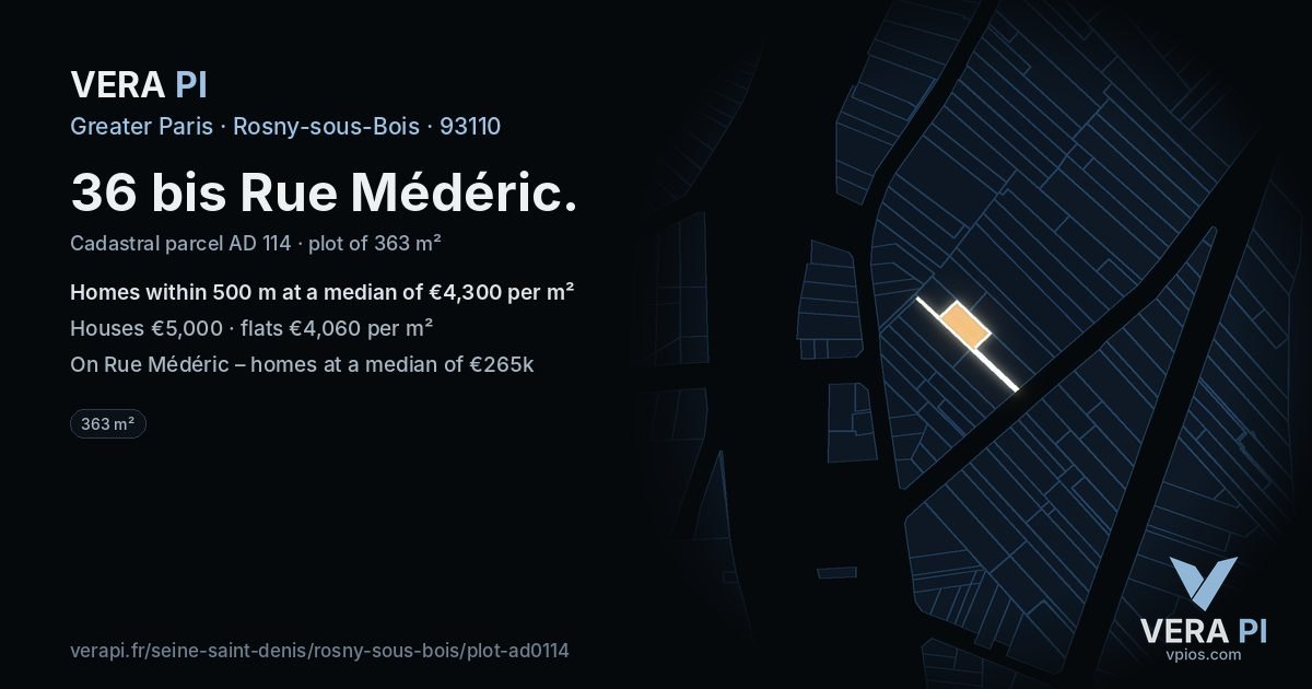 36 bis Rue Médéric, Rosny-sous-Bois at night – the plot lit, the parcels around coloured by the prices near them