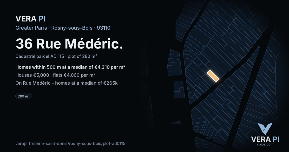 36 Rue Médéric, Rosny-sous-Bois at night – the plot lit, the parcels around coloured by the prices near them