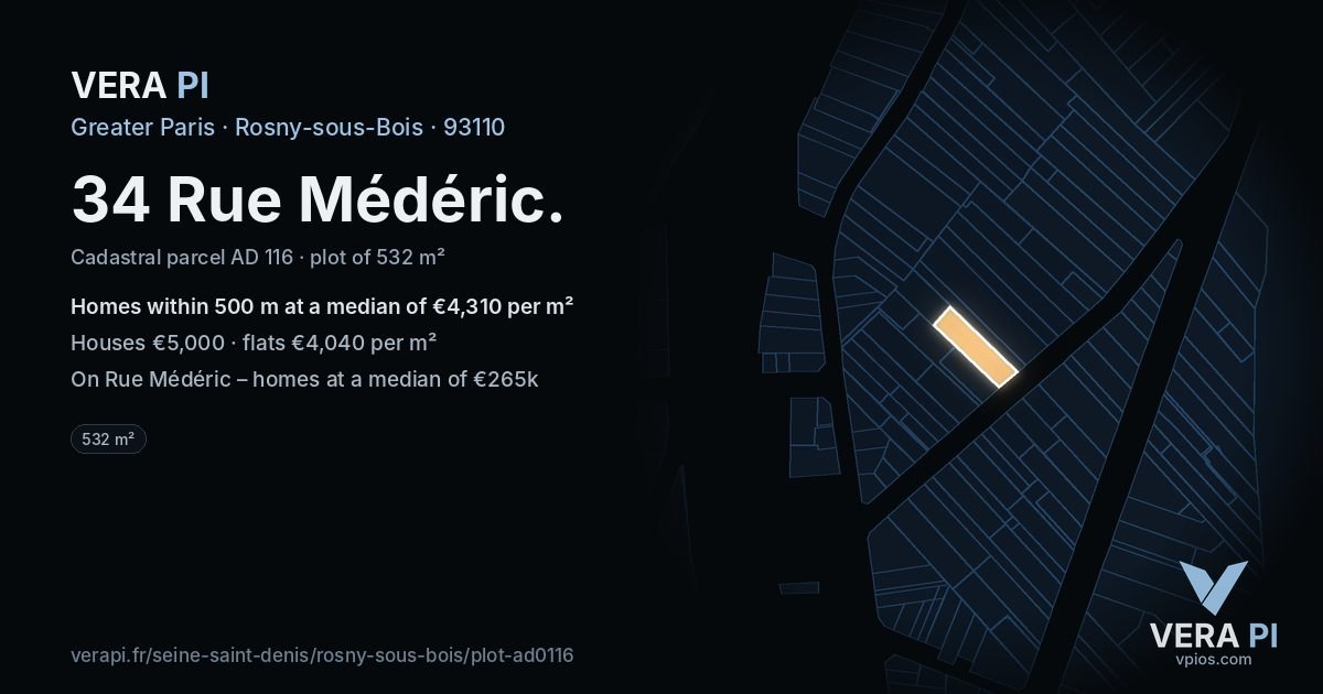 34 Rue Médéric, Rosny-sous-Bois at night – the plot lit, the parcels around coloured by the prices near them