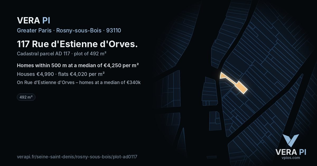 117 Rue d'Estienne d'Orves, Rosny-sous-Bois at night – the plot lit, the parcels around coloured by the prices near them